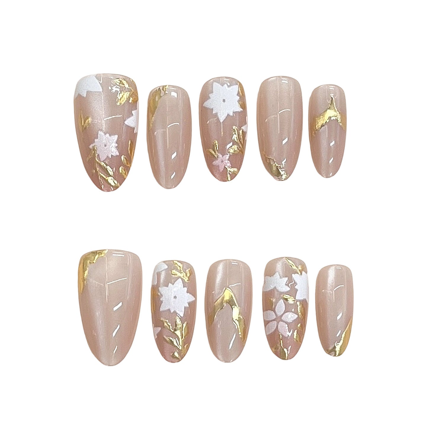 Blossom Elegance Long Almond Beige with Floral Design and Gold Accents Press-on Nail Set