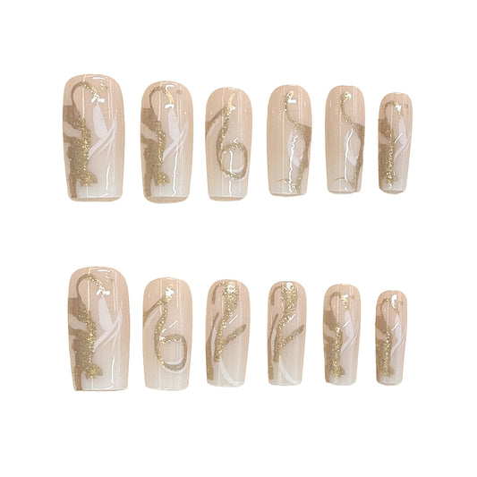 Enchanting Elegance Long Square Beige Press On Nail Set with Gold Swirl Design