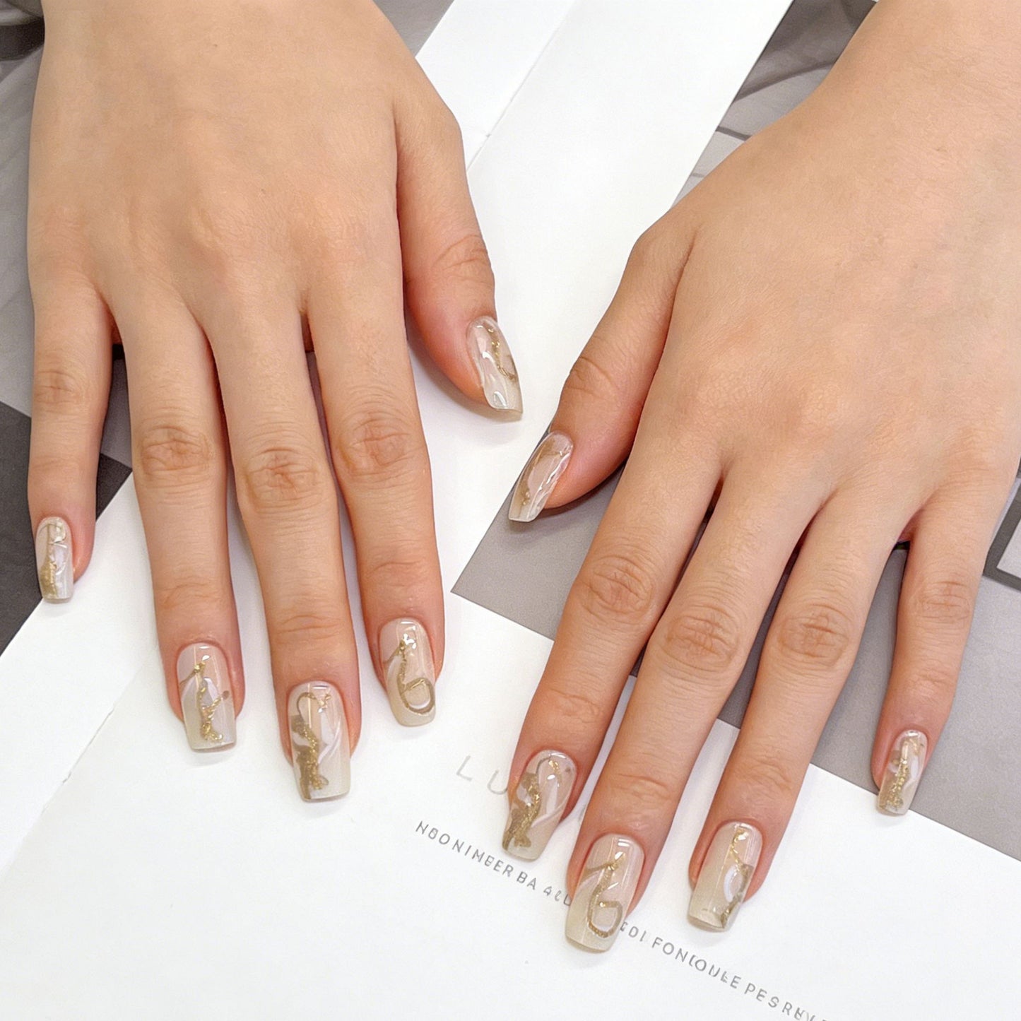 Glamorous Elegance Long Square Transparent with Gold Foil Design Press On Nail Set