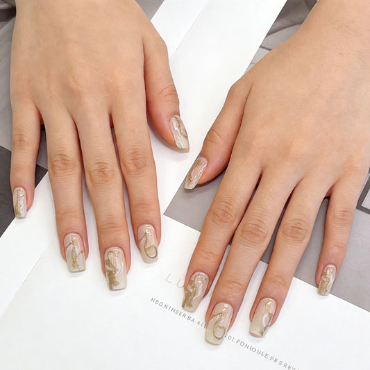 Glamorous Elegance Long Square Transparent with Gold Foil Design Press On Nail Set
