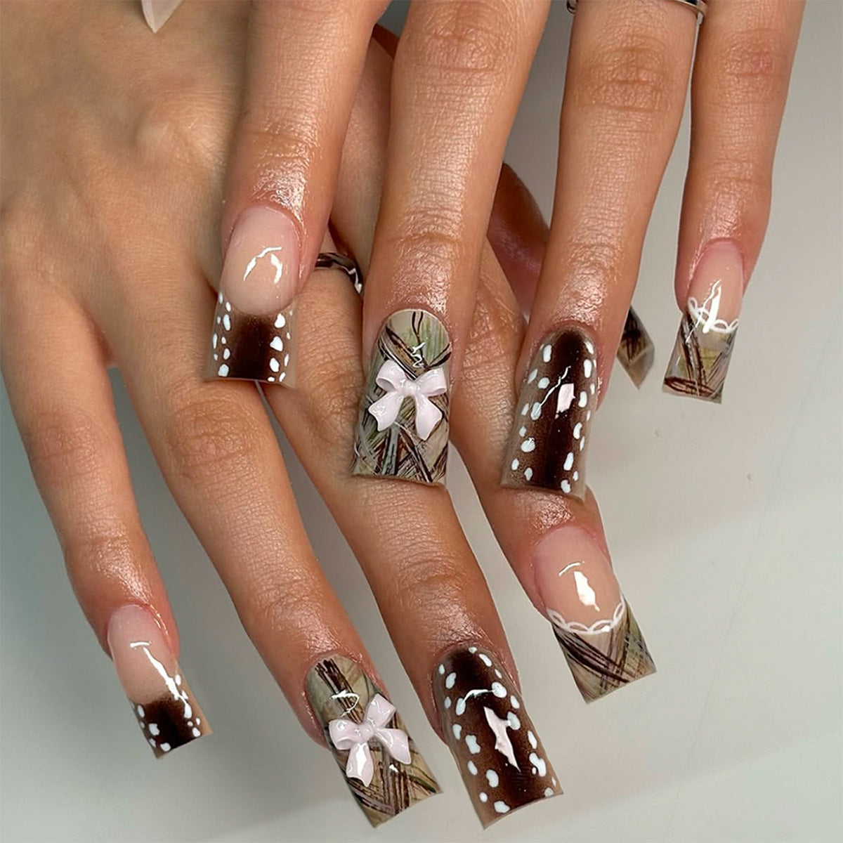 Autumn Elegance Long Square Mocha Marble Design Press on Nail Set