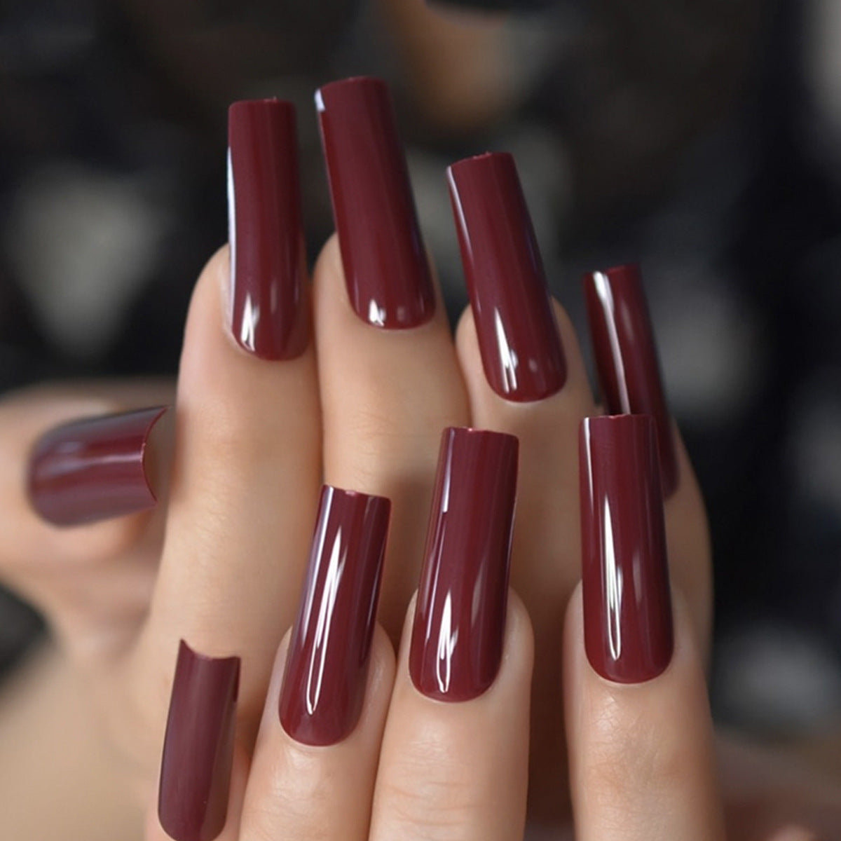 Elegant Bordeaux Long Square Maroon Press On Nail Set with High Gloss Finish