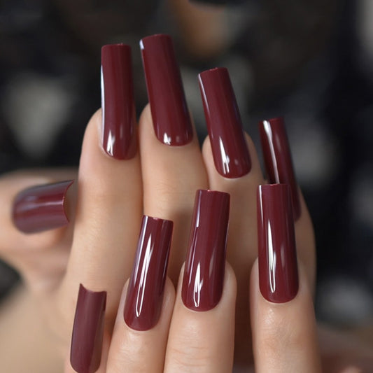 Elegant Bordeaux Long Square Maroon Press On Nail Set with High Gloss Finish