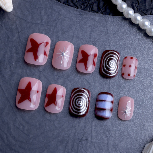 Starry Night Short Square Burgundy with Glittery Spiral Design Press On Nail Set