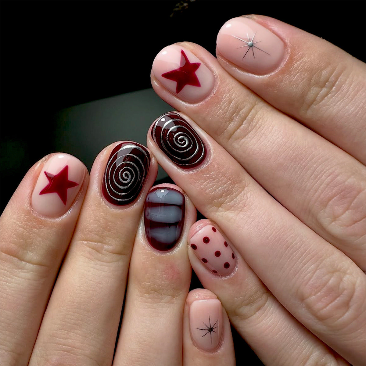 Cosmic Vibes Short Square Burgundy with Whimsical Star Accents Press On Nail Set