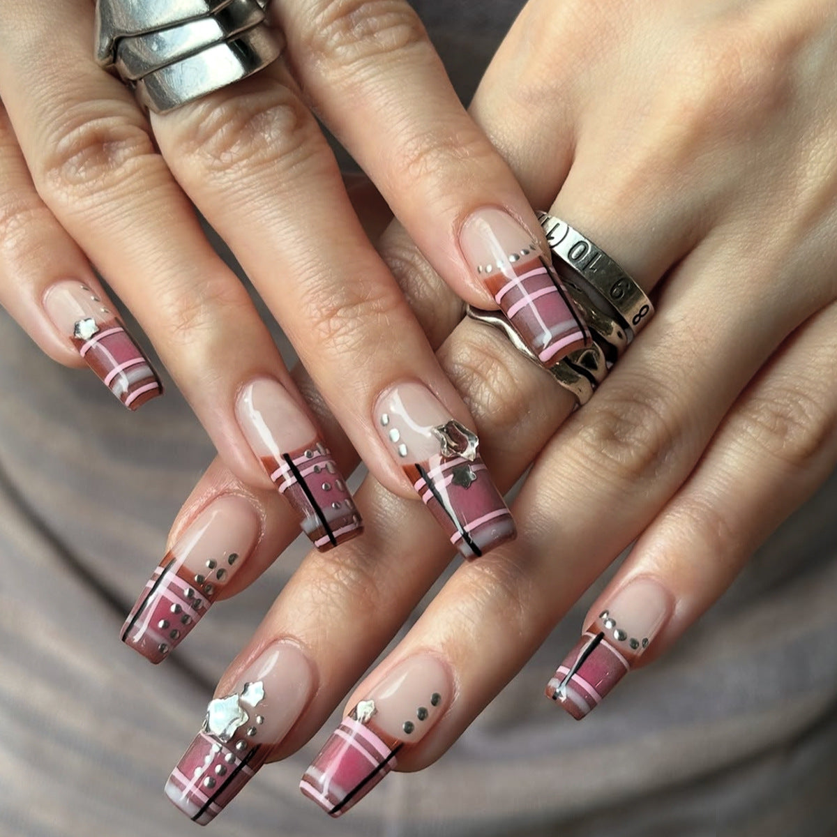 Chic Plum Elegance Long Square Pink Nail Set with Unique Metallic Accents