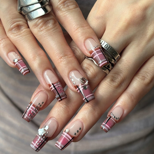 Chic Plum Elegance Long Square Pink Nail Set with Unique Metallic Accents