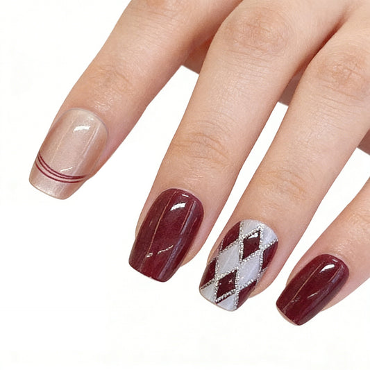 Elegant Autumn Vibes Short Square Burgundy and Beige Press On Nail Set with Glittering Argyle Design