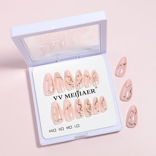 Dreamy Marble Elegance Long Almond Pink Press On Nail Set with Gold Accents