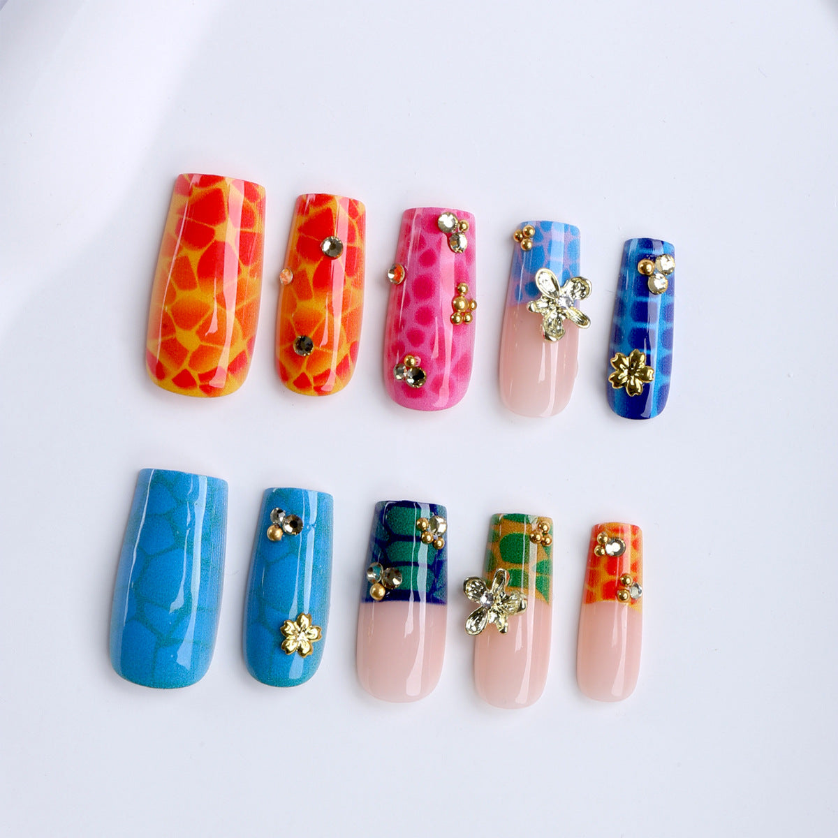 Tropical Vibes Long Square Colorful Floral Design Press On Nail Set