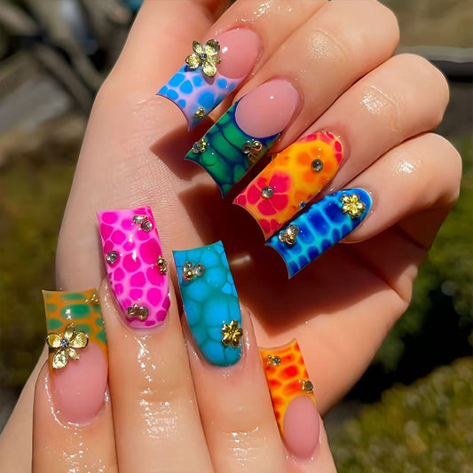 Tropical Vibes Long Square Color-Block Press-On Nail Set with Floral Accents
