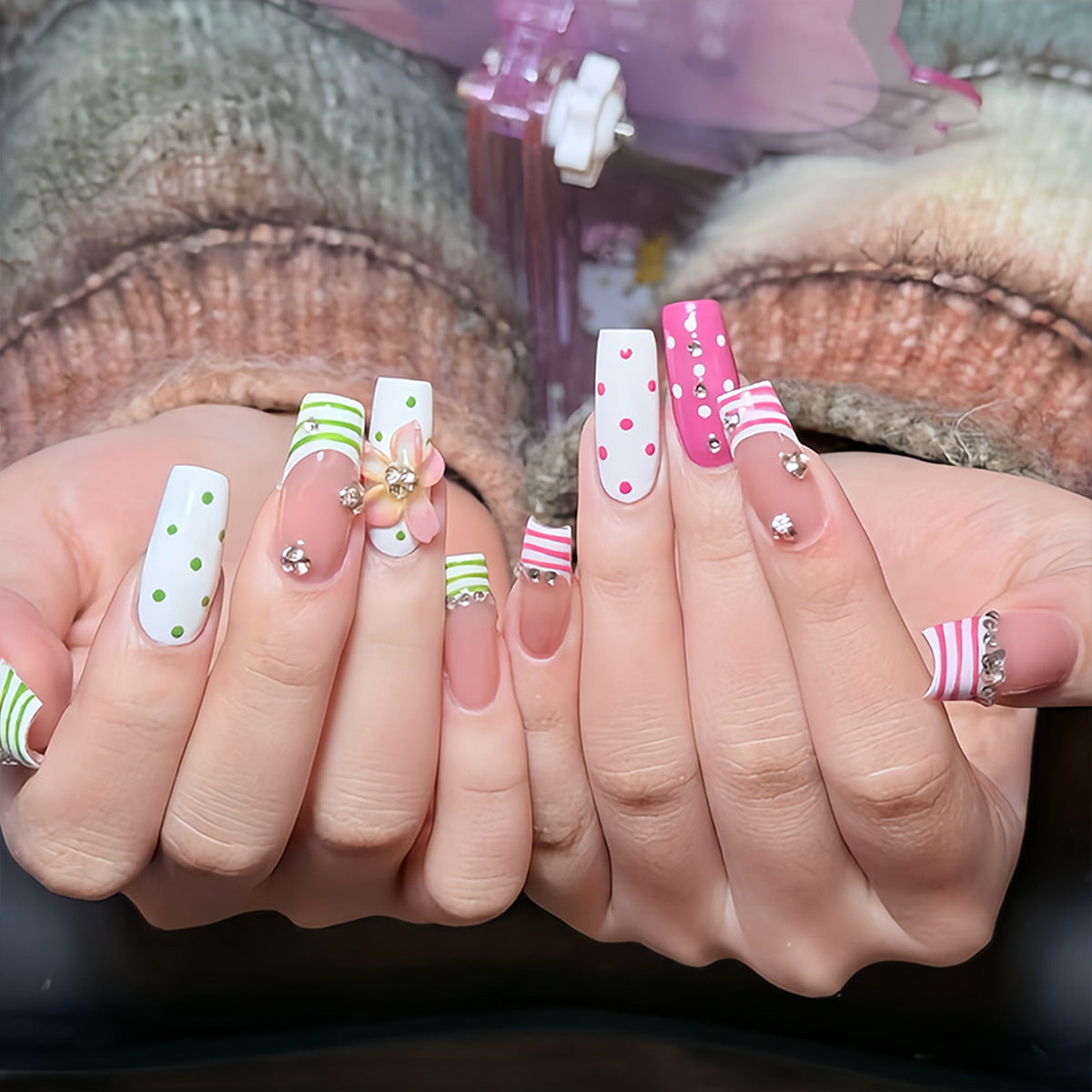 Charming Floral Long Square Pink and Green Striped Press on Nail Set with Rhinestone Accents