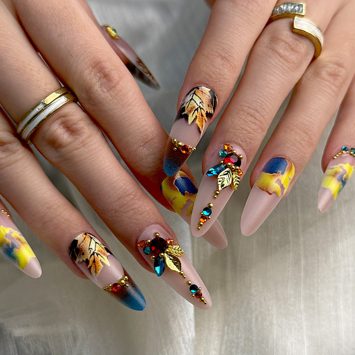Autumn Elegance Long Almond Multicolor Floral Gemstone Nail Set