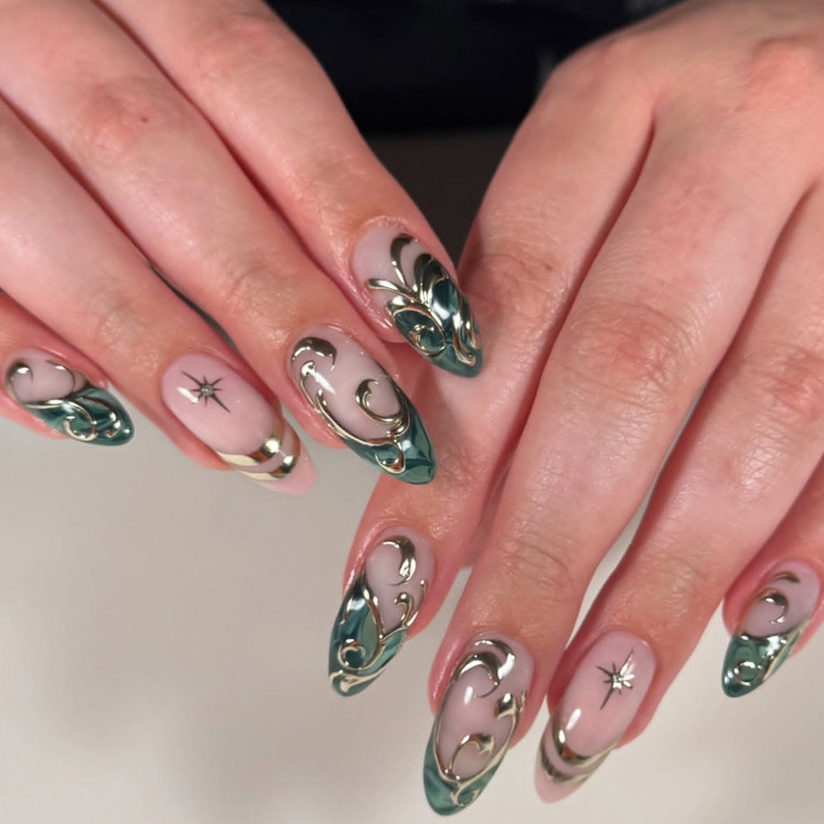 Elegant Ocean Breeze Medium Almond Teal and Gold Artistic Press on Nail Set