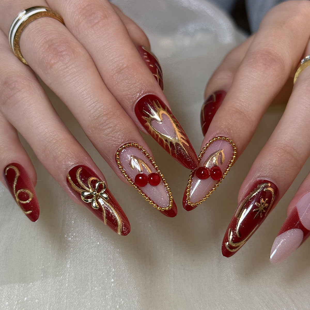 Glamorous Romance Medium Almond Red with Intricate Gold Accents Press On Nail Set