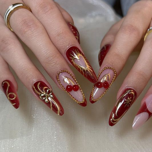 Glamorous Romance Medium Almond Red with Intricate Gold Accents Press On Nail Set