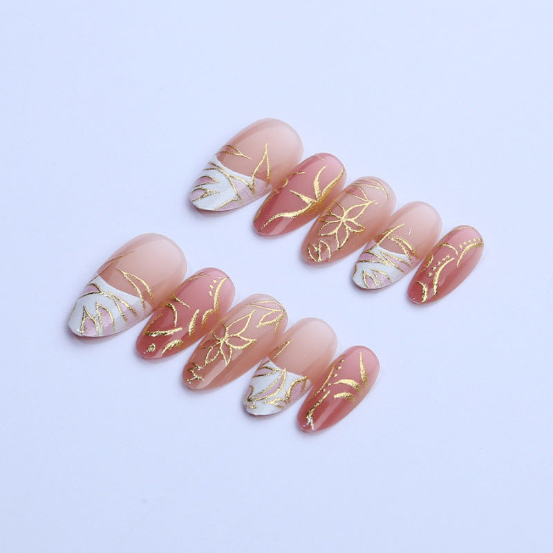 Elegant Floral Dream Short Almond Pink with Gold Leaf Design Press-On Nail Set
