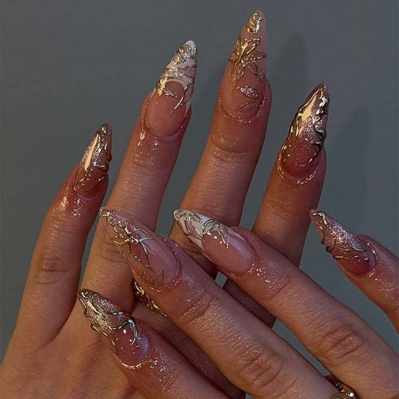 Enchanted Elegance Medium Almond Pink and Gold Floral Press On Nail Set