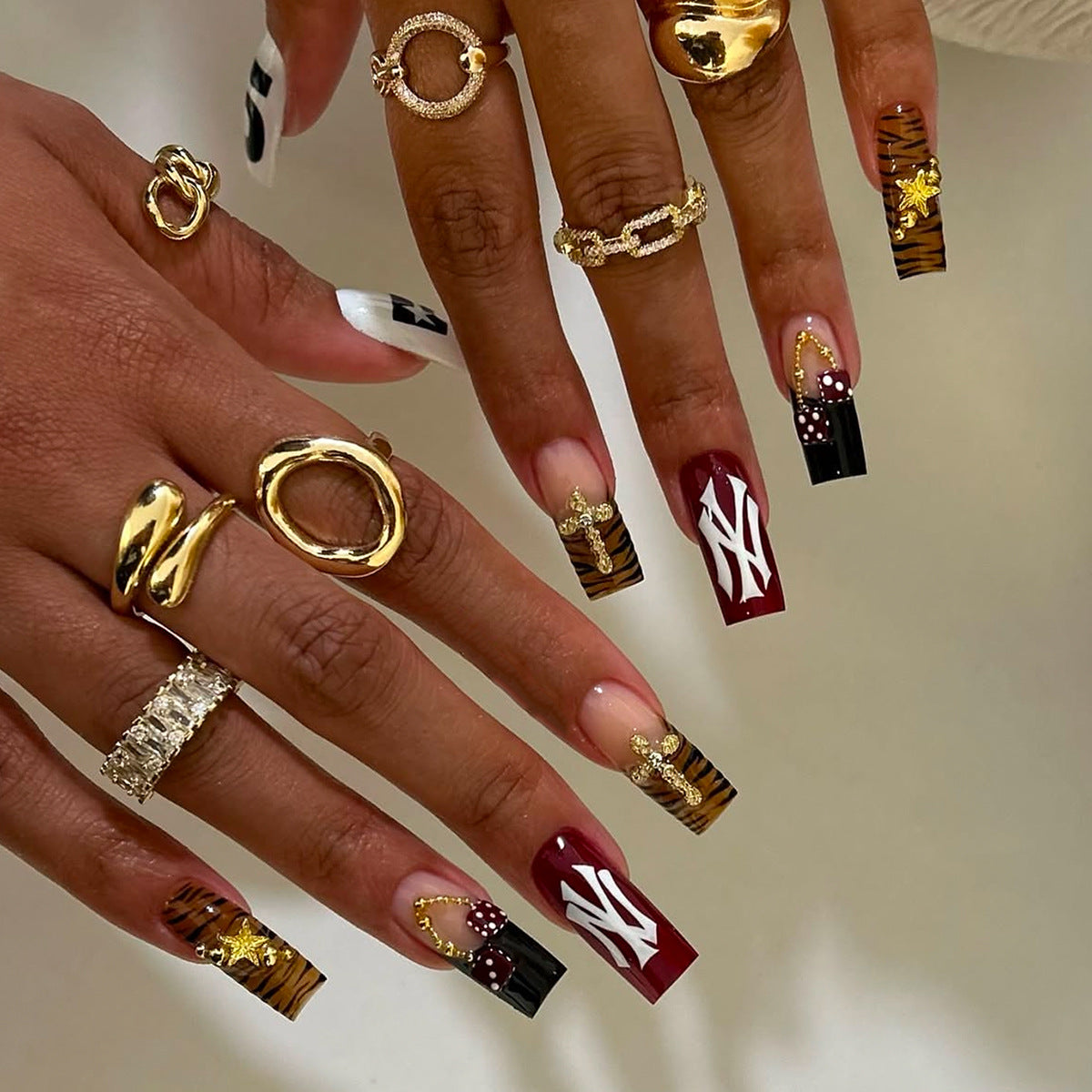 Bold Safari Glam Long Square Burgundy with Stunning Gold Accents Press on Nail Set