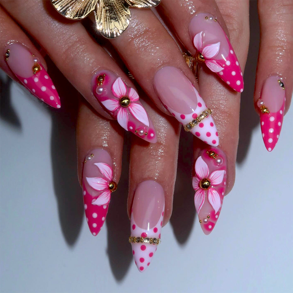 Floral Fantasy Medium Almond Pink Press On Nail Set with Glamorous Floral Design and Golden Accents