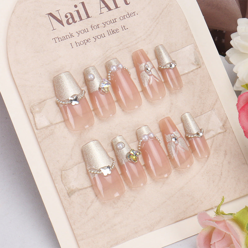 Glamorous Elegance Long Coffin Beige Press Nail Set with Shimmering Rhinestone Accent