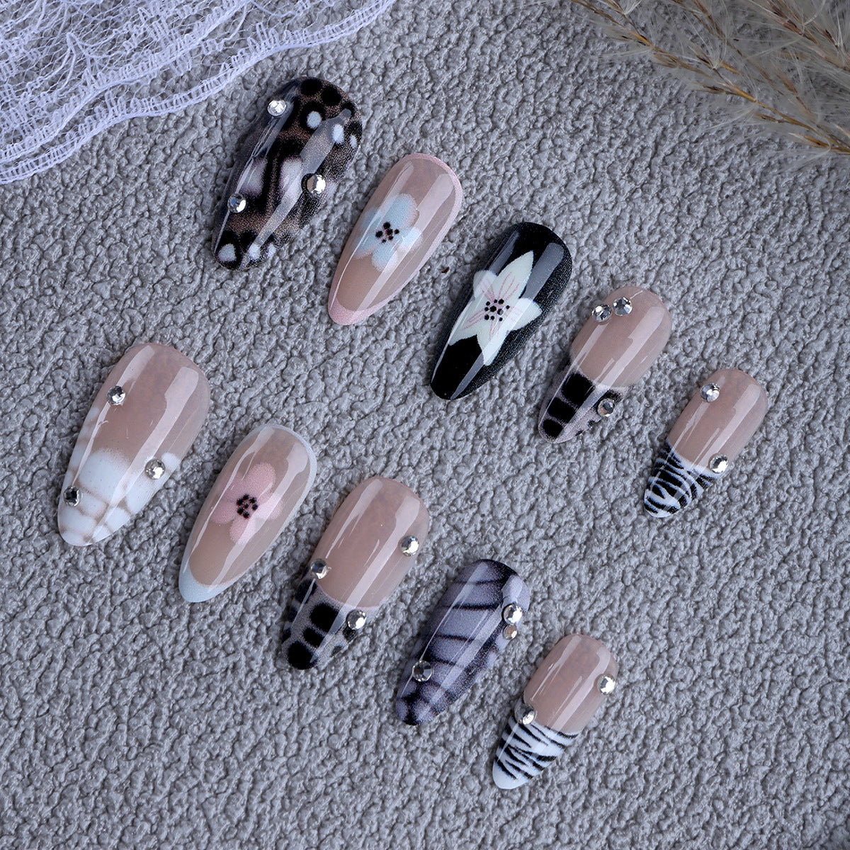 Elegant Floral Fantasy Medium Almond Beige Multi-Patterned Press On Nail Set