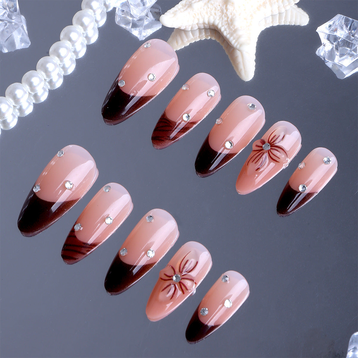 Ocean Breeze Medium Almond Blush and Brown Ombre with Floral Accents and Rhinestones Press-On Nail Set