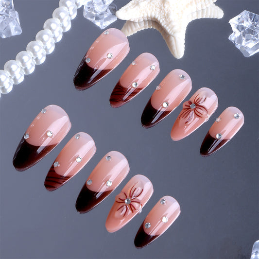 Ocean Breeze Medium Almond Blush and Brown Ombre with Floral Accents and Rhinestones Press-On Nail Set