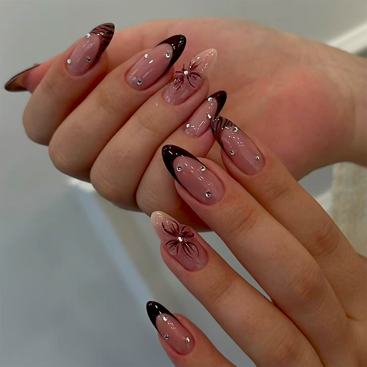 Elegant Floral Stiletto Long Pink Ombre with Sparkling Gems and Artistic Detailing Press On Nail Set