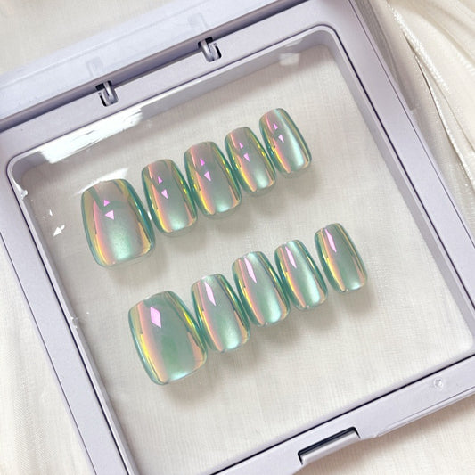 Iridescent Dream Short Square Green with Reflective Shine Press On Nail Set