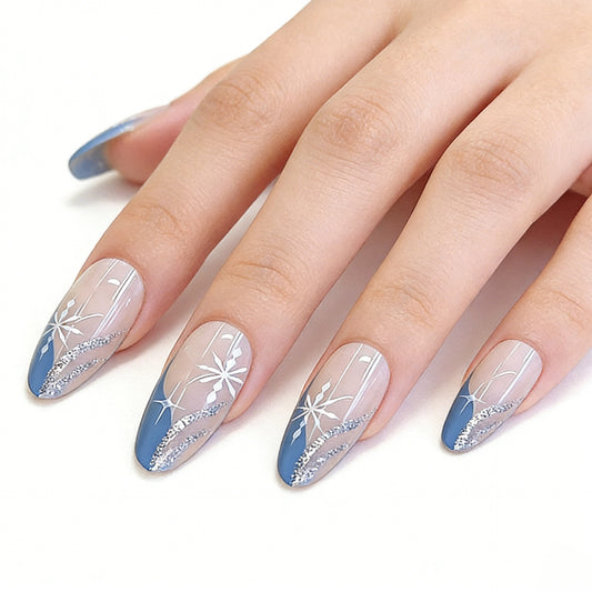 Celestial Serenity Long Oval Blue Ombre with Elegant Floral Design Press-On Nail Set
