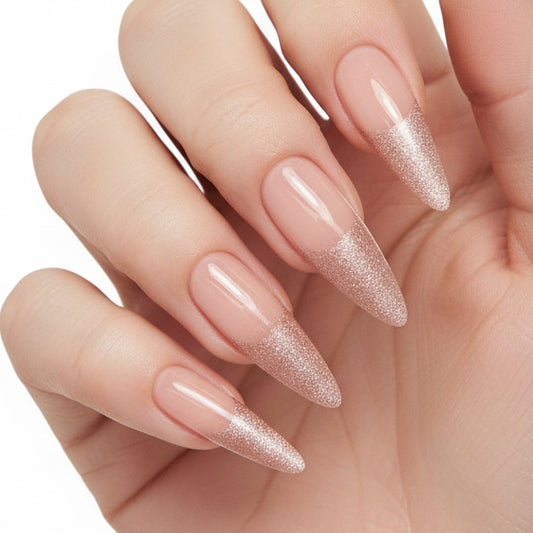 Glamorous Elegance Long Almond Blush Pink with Glittery Tips Press on Nail Set