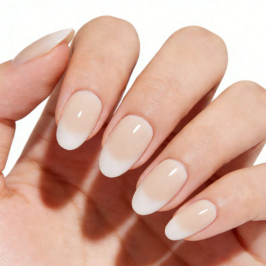 Elegant Dreamy Medium Almond Shaped Natural Beige Ombre Press On Nail Set with High Gloss Finish