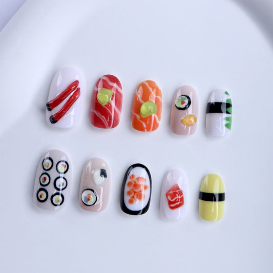 Sushi Delight Short Round Colorful Sushi Design Press On Nail Set
