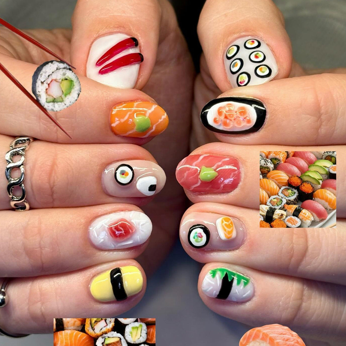 Sushi Delight Short Round Multicolor Design Press On Nail Set