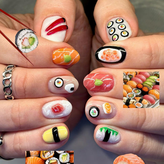 Sushi Delight Short Round Multicolor Design Press On Nail Set