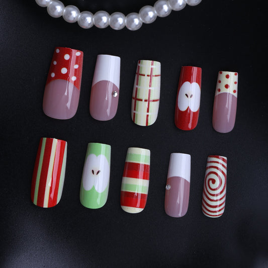 Festive Long Square Red and Green Design with Unique Patterns Press-On Nail Set