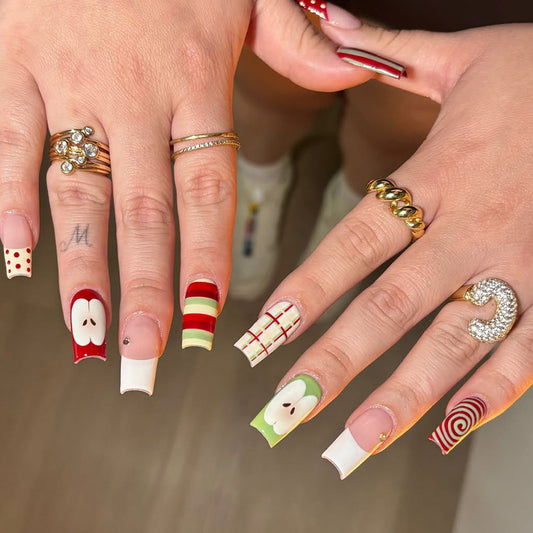 Festive Long Square Green and Red Apple Print Press On Nail Set