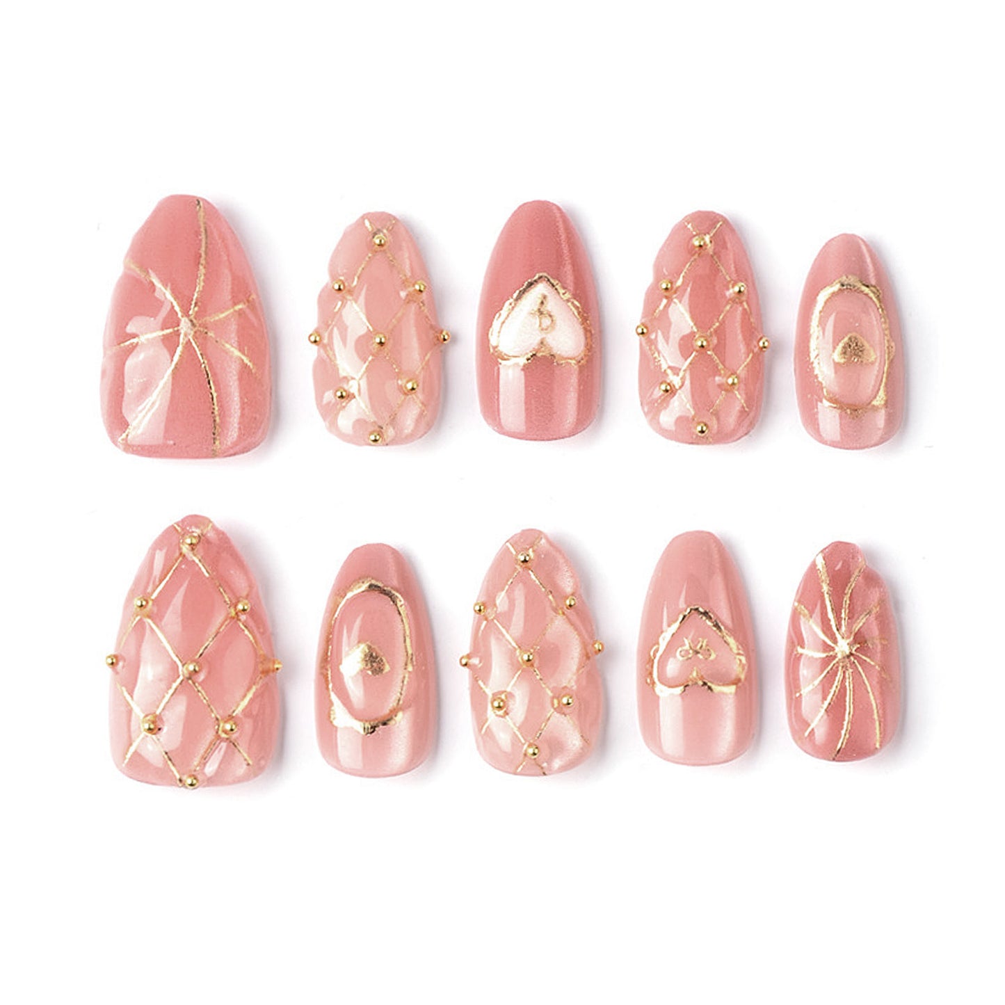 Romantic Rose Pink Medium Almond Shaped Press-On Nail Set with Elegant Gold Accents