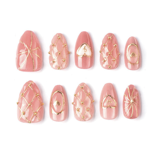 Romantic Rose Pink Medium Almond Shaped Press-On Nail Set with Elegant Gold Accents