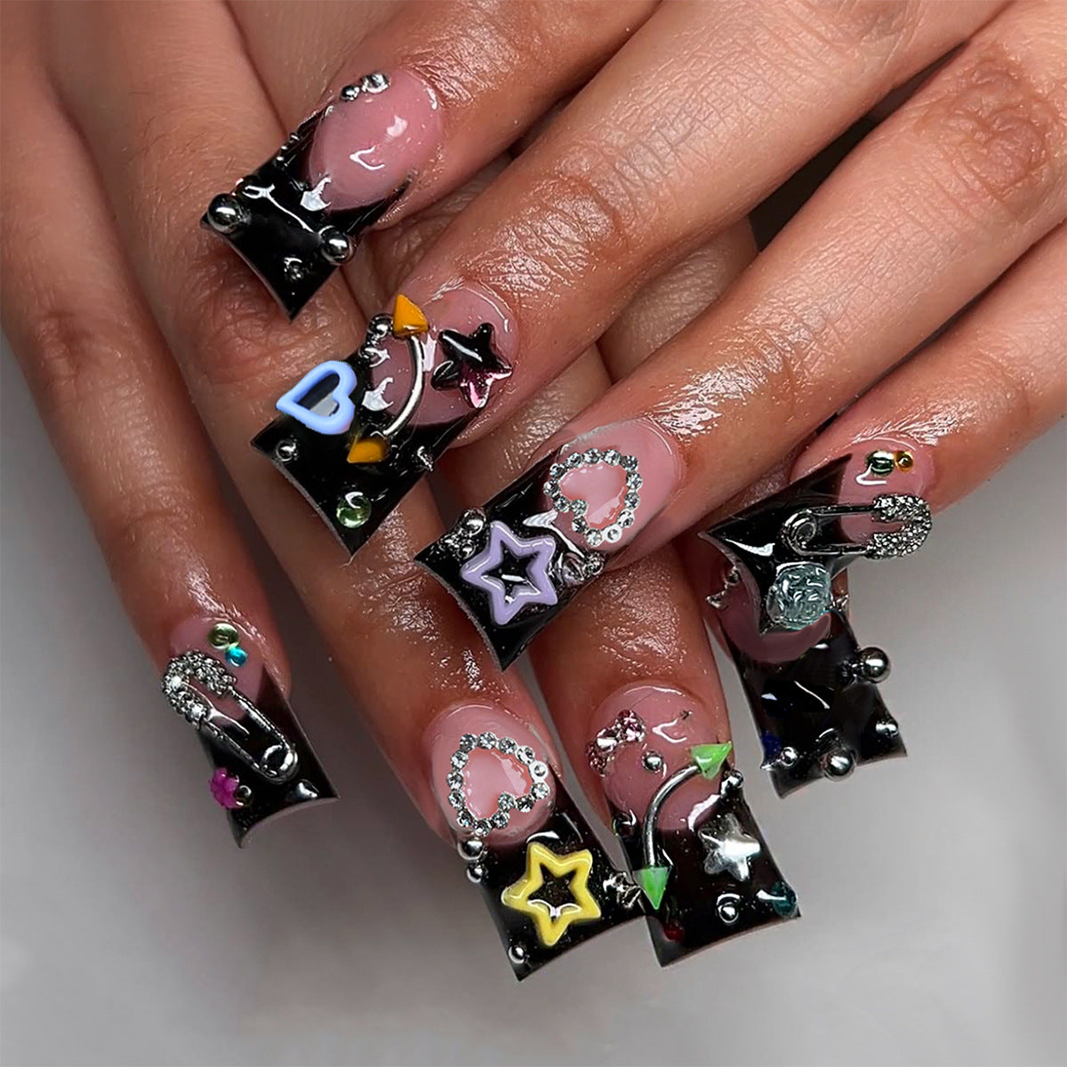 Celestial Charm Long Square Black Press On Nail Set with Decorative Gem Accents