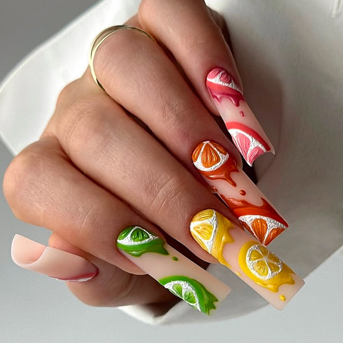 Citrus Splash Long Square Colorful Drip Press On Nail Set