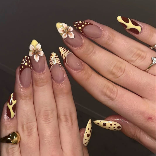 Wildflower Inspired Medium Almond Yellow and Brown Floral Press On Nail Set