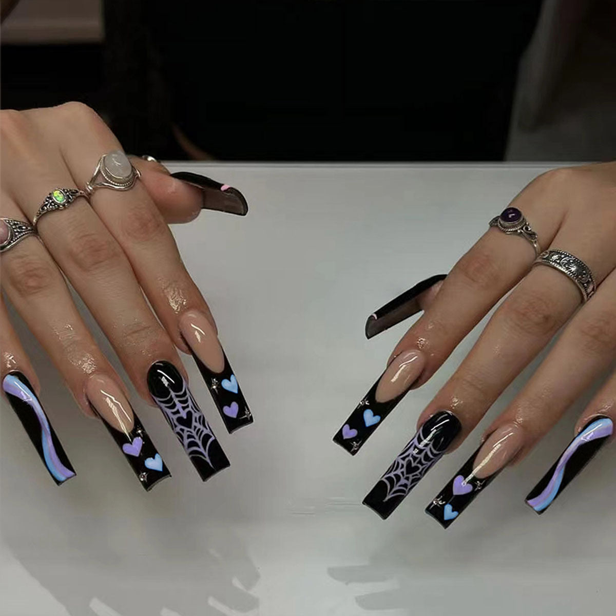 Spooky Glam Long Square Black with Heart and Spiderweb Design Press on Nail Set