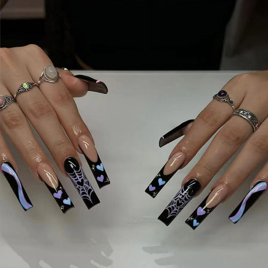 Spooky Glam Long Square Black with Heart and Spiderweb Design Press on Nail Set
