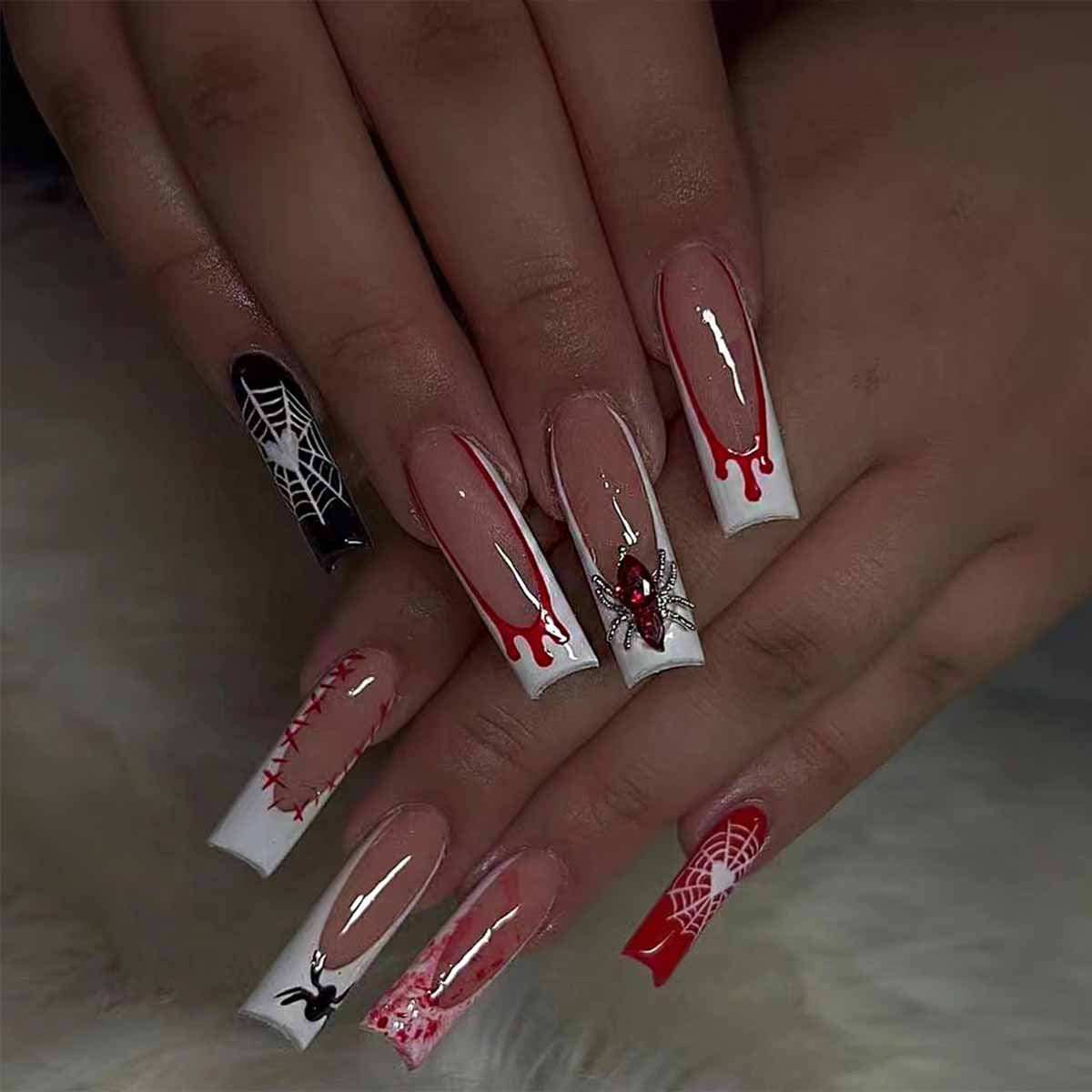 Spooky Glam Long Square Red and Black Nail Set with Spider Design