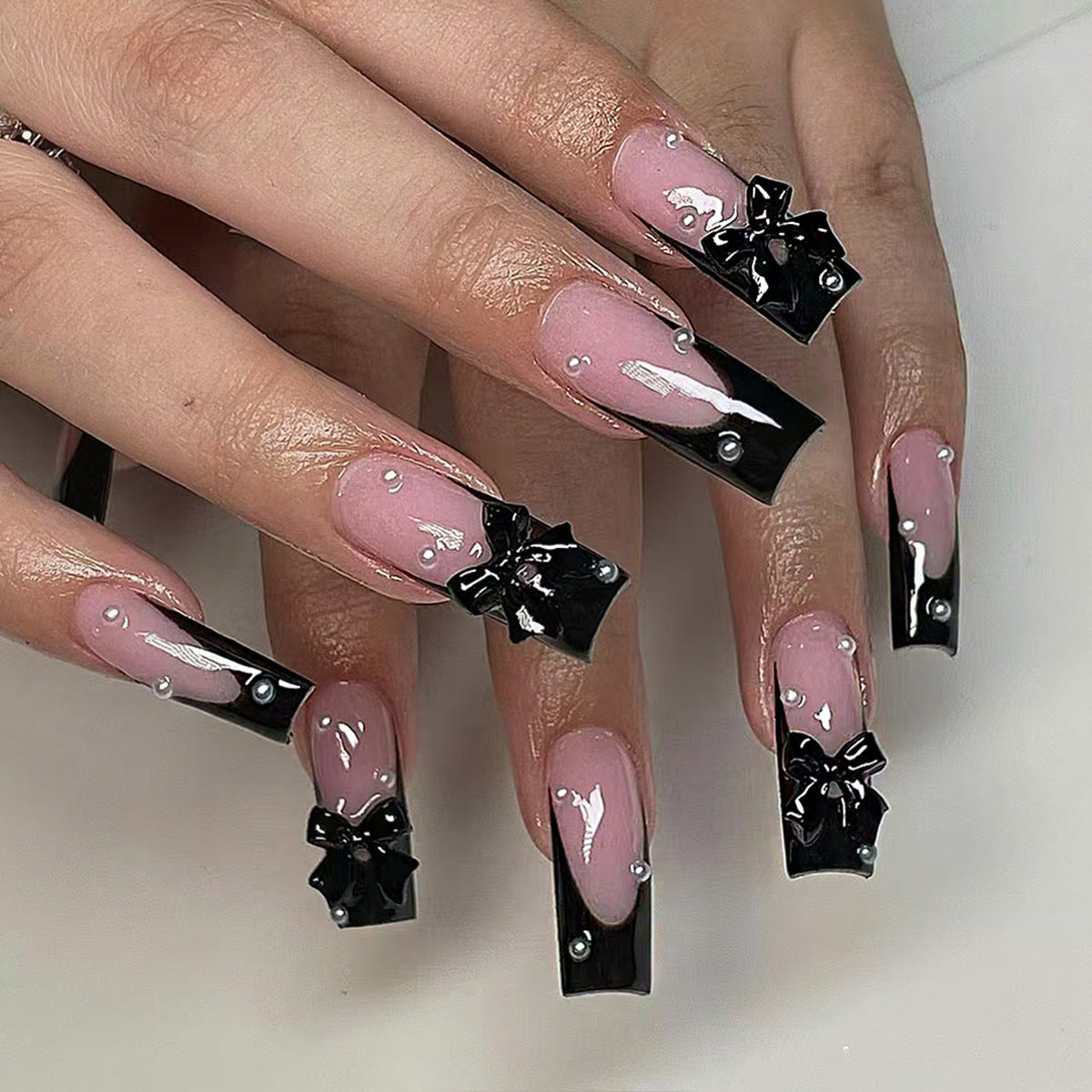Glamorous Black Tie Long Square Pink Bow Press On Nail Set with Rhinestones