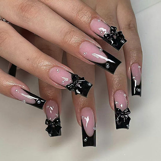 Glamorous Black Tie Long Square Pink Bow Press On Nail Set with Rhinestones