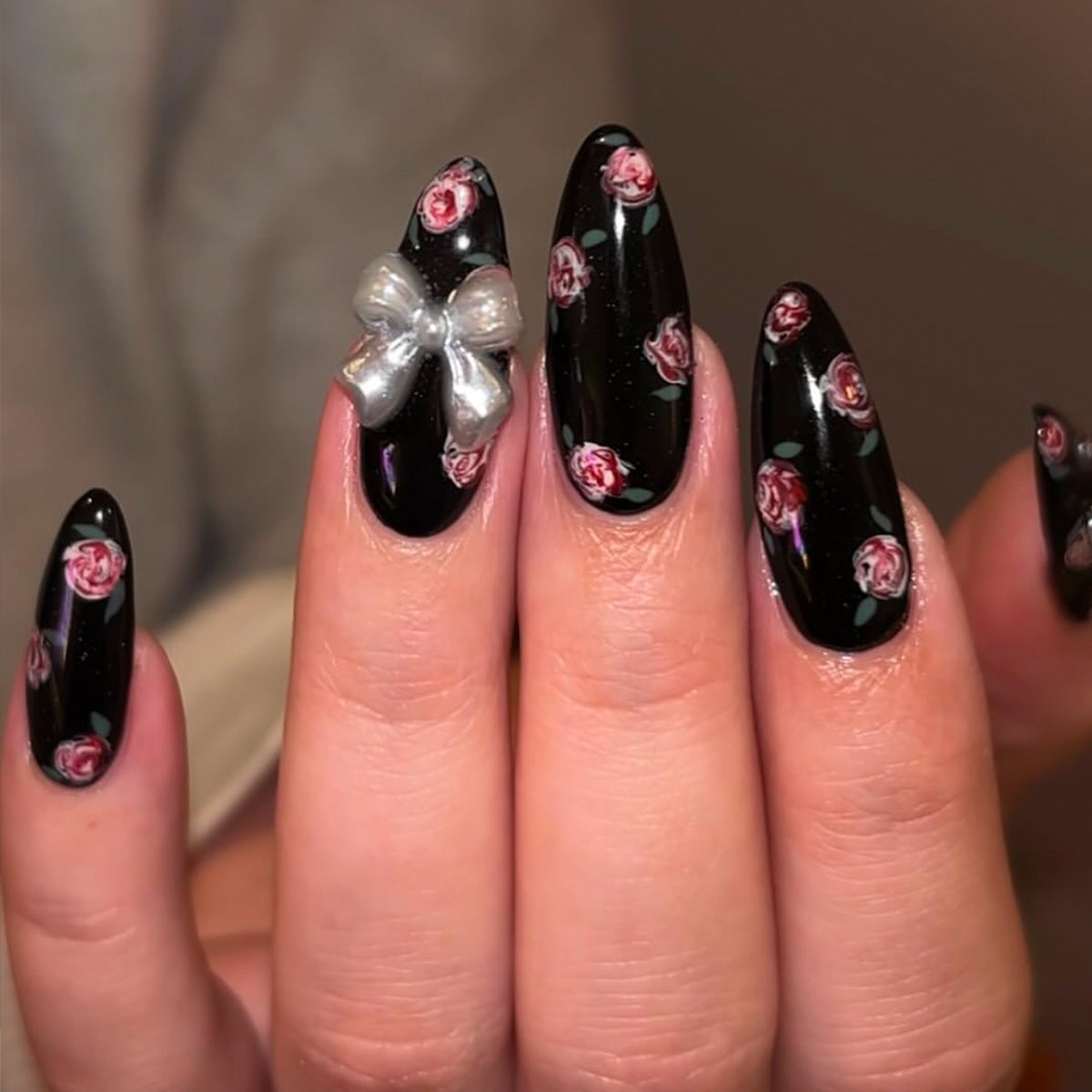 Elegant Floral Delight Medium Almond Black with Rose Design and Silver Bow