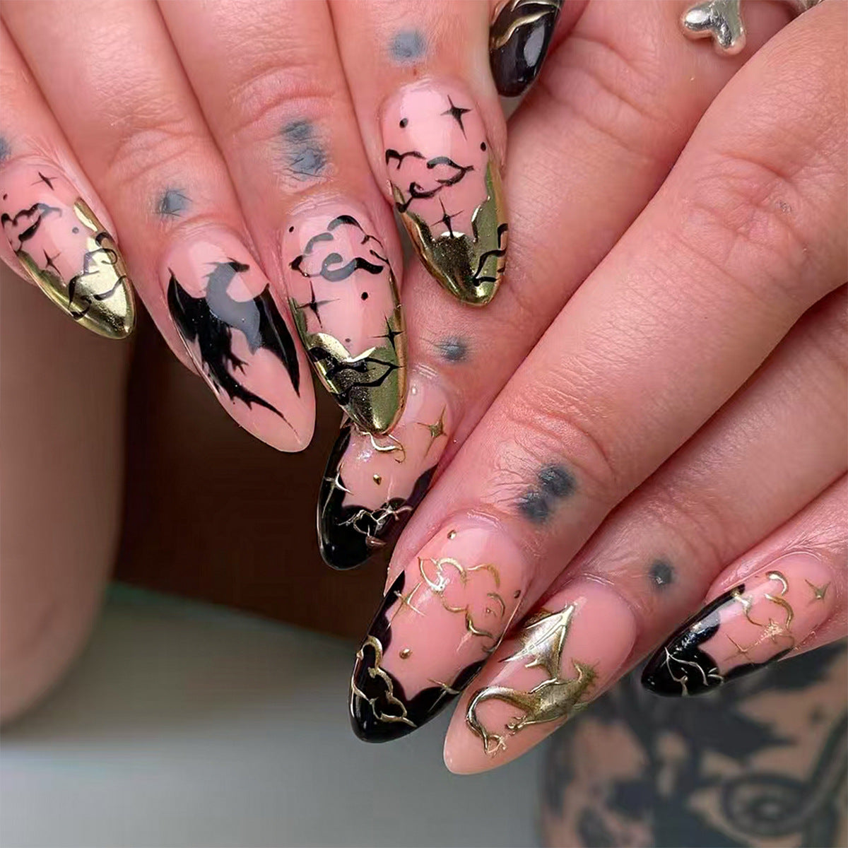 Mystical Night Medium Almond Black and Gold Press On Nail Set with Celestial Design